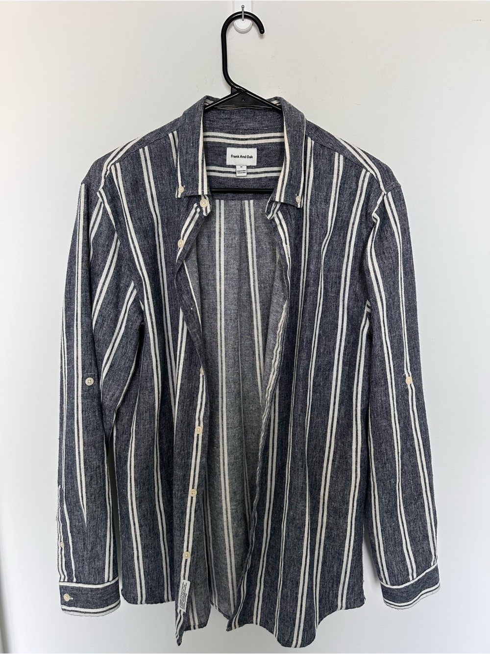 Frank & Oak Navy and White Striped Button-Up Shirt Jacket